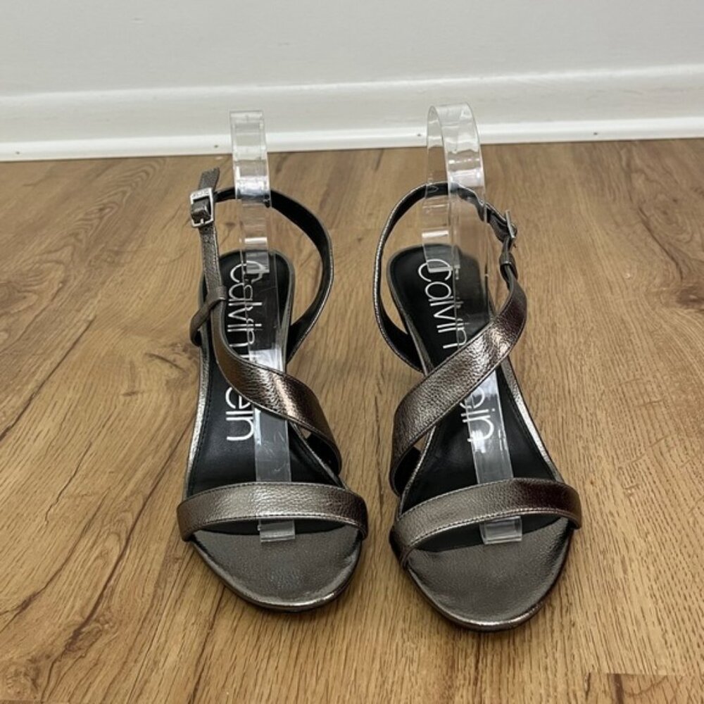 Calvin Klein Linnea Metallic Silver‎ Tumbled Pewter Strappy Sling Back Heels 8.5